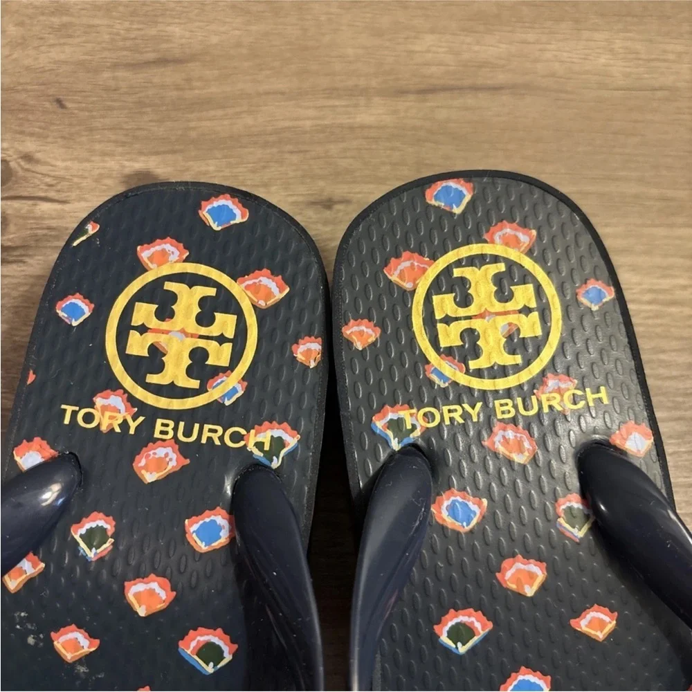 Tory Burch Navy Blue Fresh Blueberry Wild Pansy Flip Flops